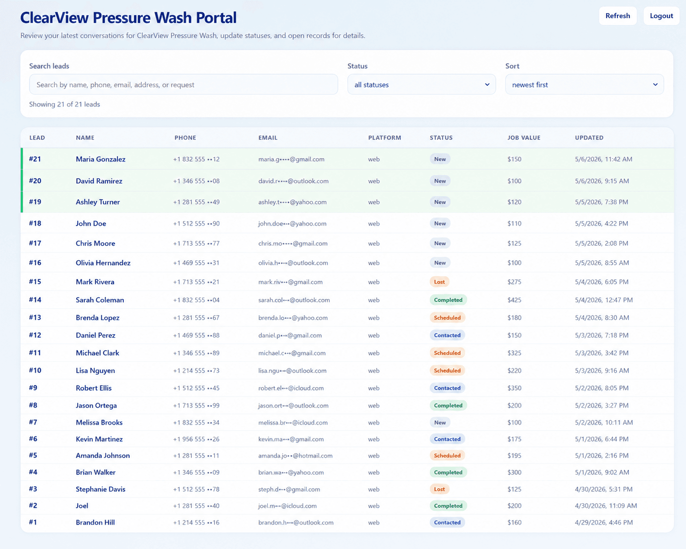 ResponseFlow lead inbox showing organized service requests in a searchable table